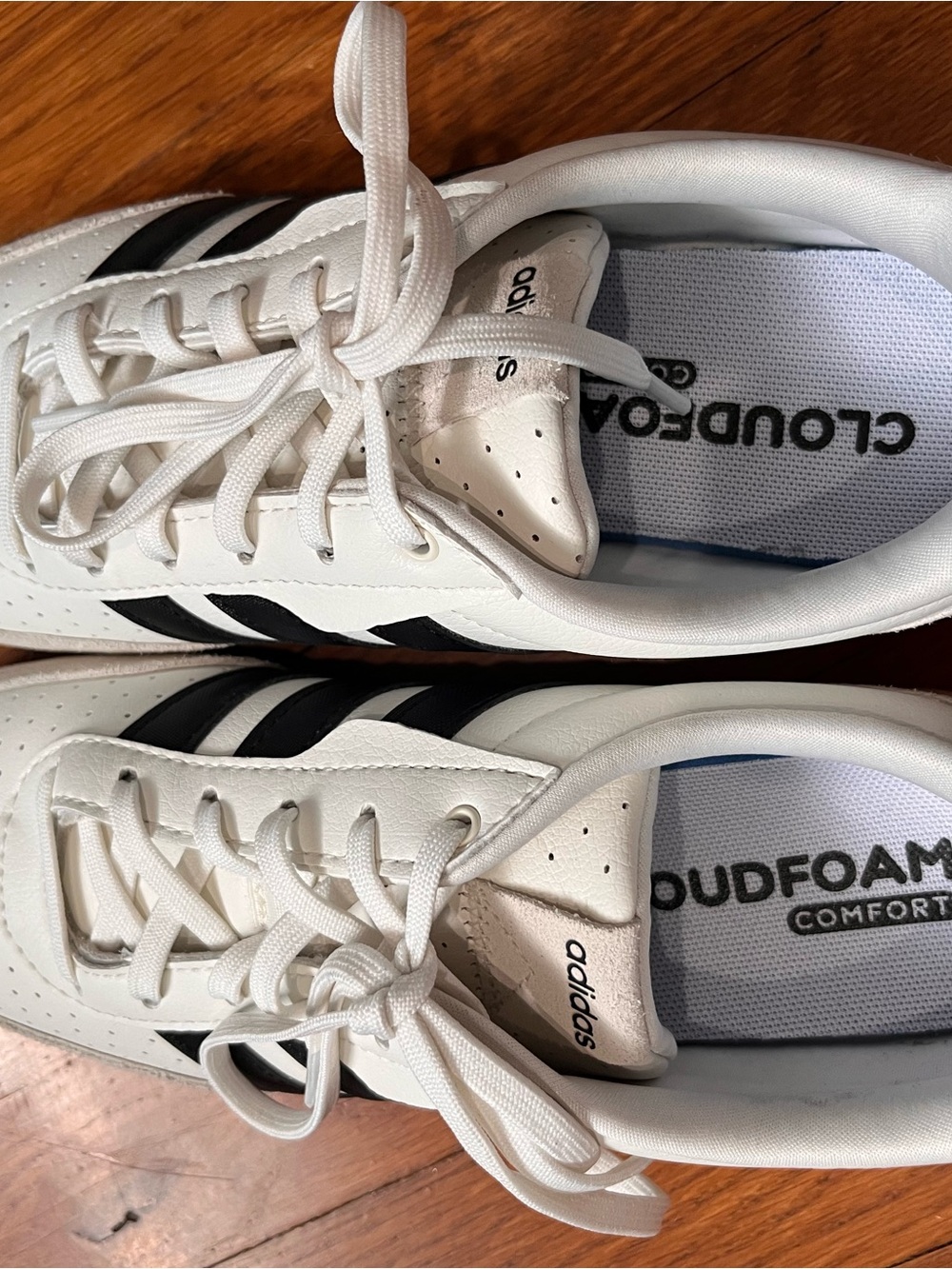 adidas White Sneakers with Black Stripes and Blue Trim - Picture 3 of 6